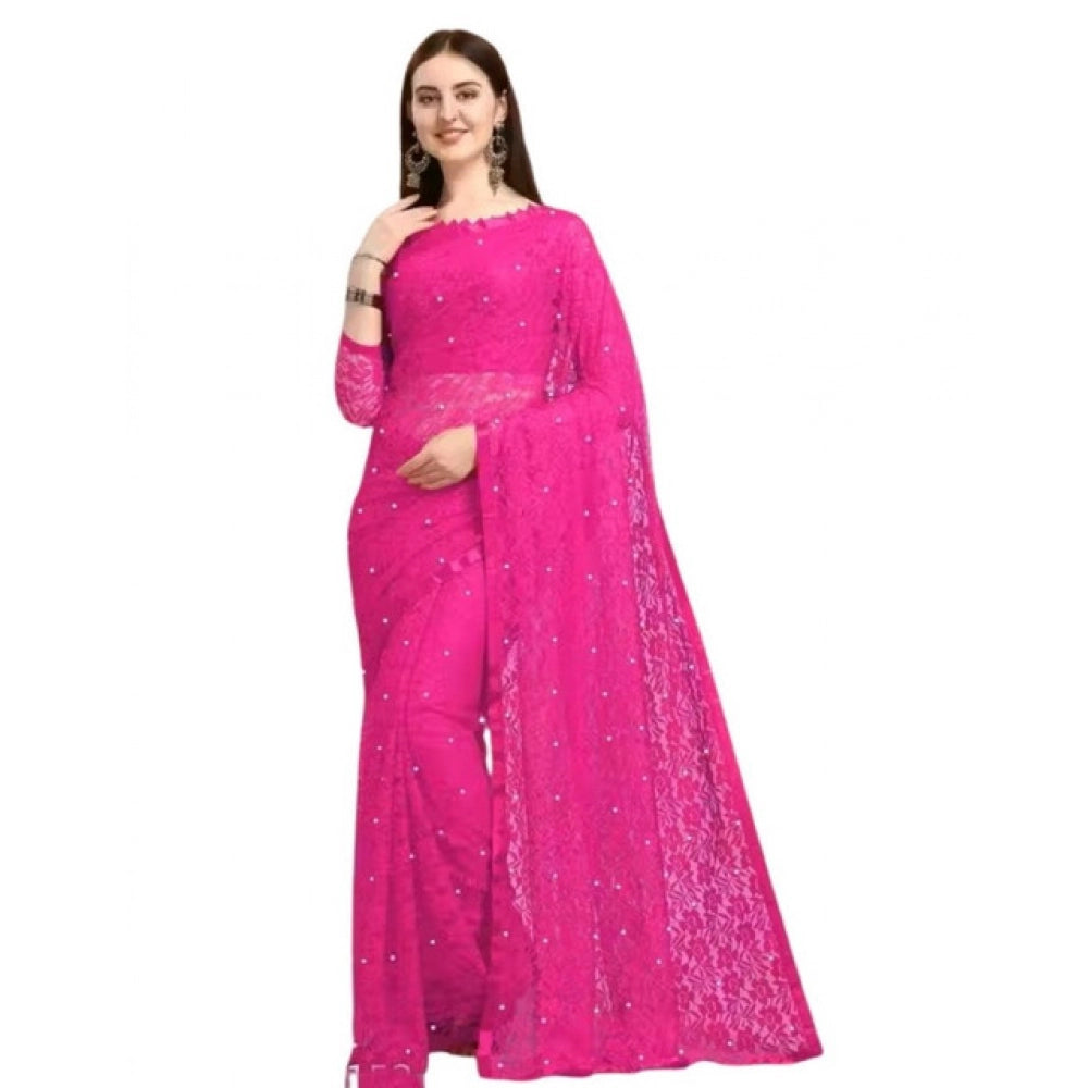 Snuggle Spot Women's Net Self Design Saree With Unstitched Blouse 5.5Mtr (Rani)
