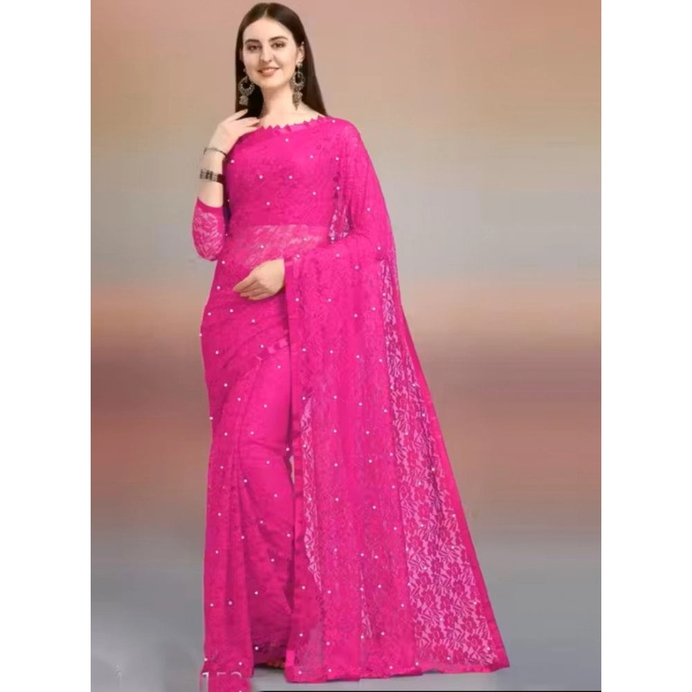 Snuggle Spot Women's Net Self Design Saree With Unstitched Blouse 5.5Mtr (Rani)