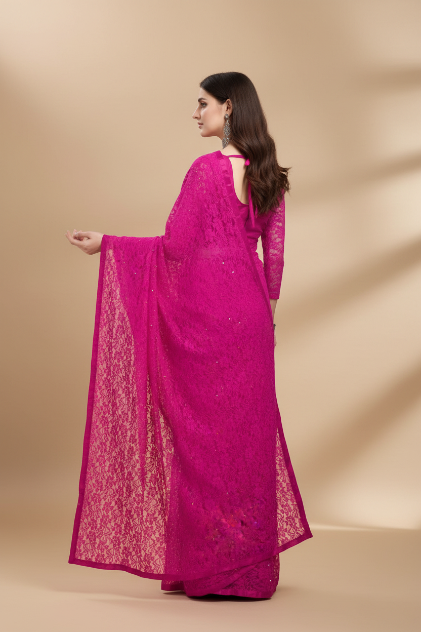 Snuggle Spot Women's Net Self Design Saree With Unstitched Blouse 5.5Mtr (Rani)