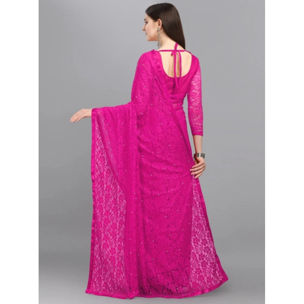 Snuggle Spot Women's Net Self Design Saree With Unstitched Blouse 5.5Mtr (Rani)