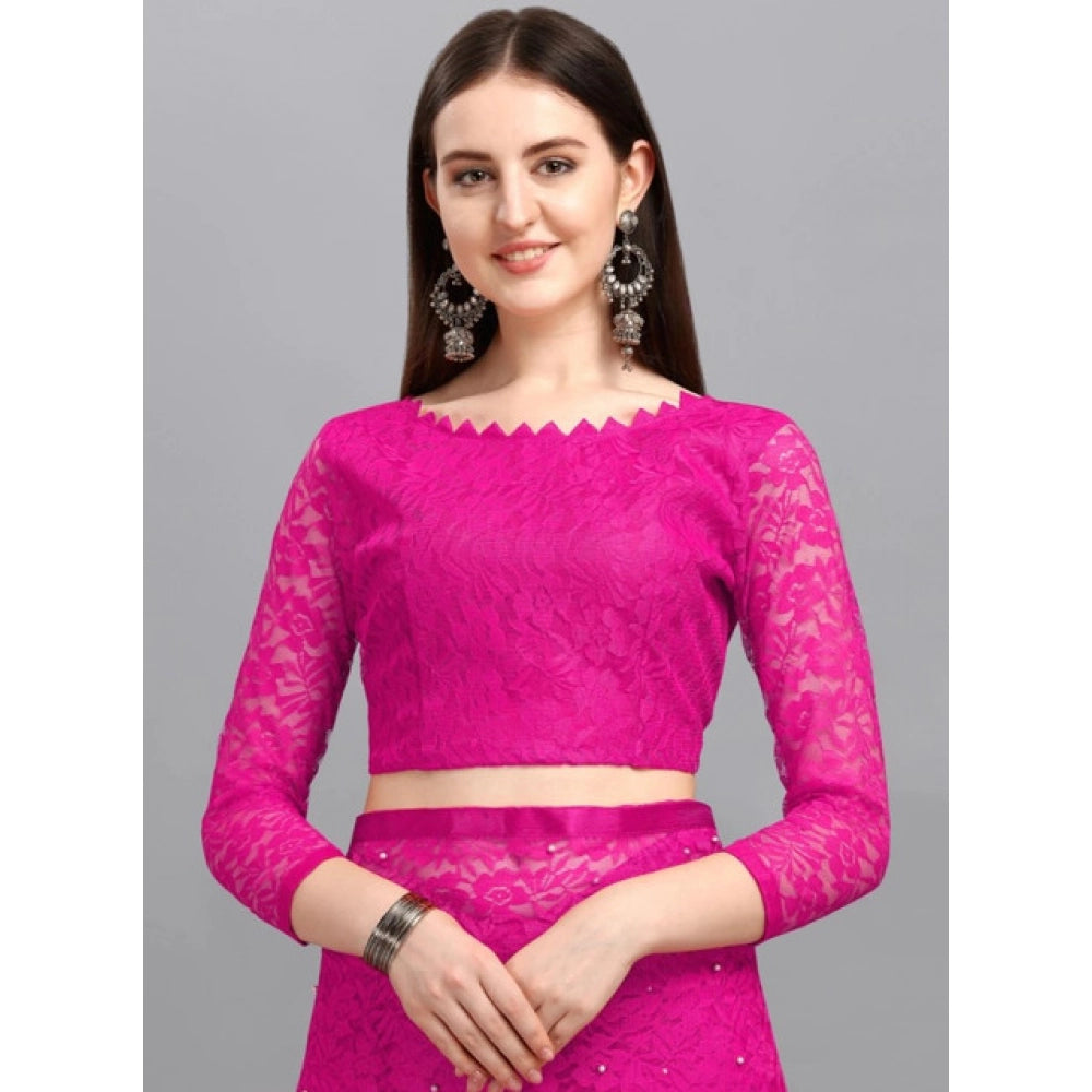 Snuggle Spot Women's Net Self Design Saree With Unstitched Blouse 5.5Mtr (Rani)