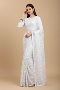 Snuggle Spot Women's Net Self Design Saree With Unstitched Blouse 5.5Mtr (White)