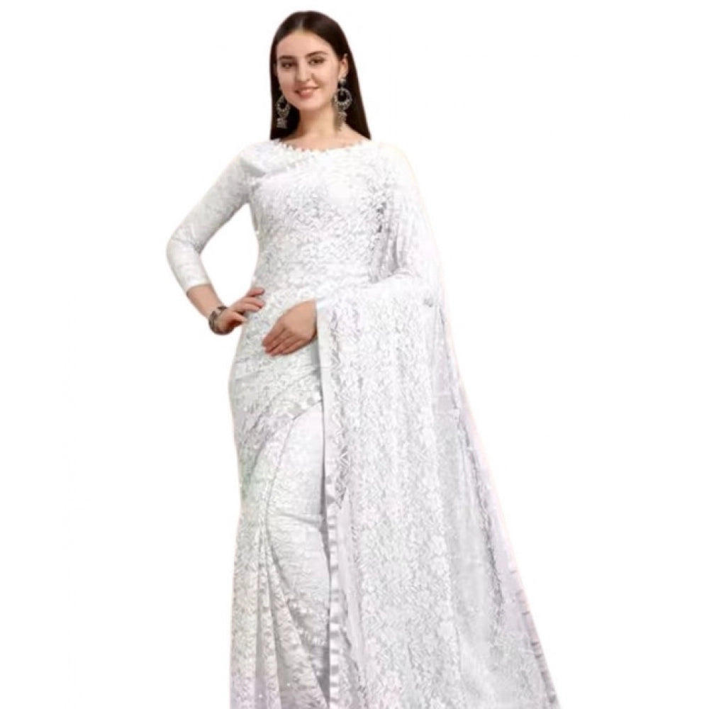 Snuggle Spot Women's Net Self Design Saree With Unstitched Blouse 5.5Mtr (White)