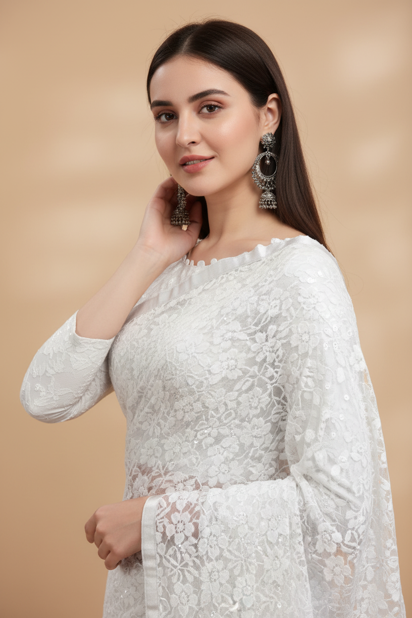 Snuggle Spot Women's Net Self Design Saree With Unstitched Blouse 5.5Mtr (White)