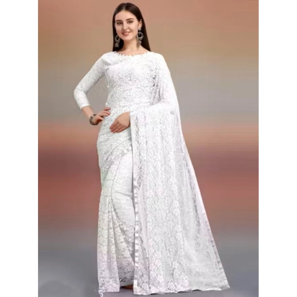 Snuggle Spot Women's Net Self Design Saree With Unstitched Blouse 5.5Mtr (White)