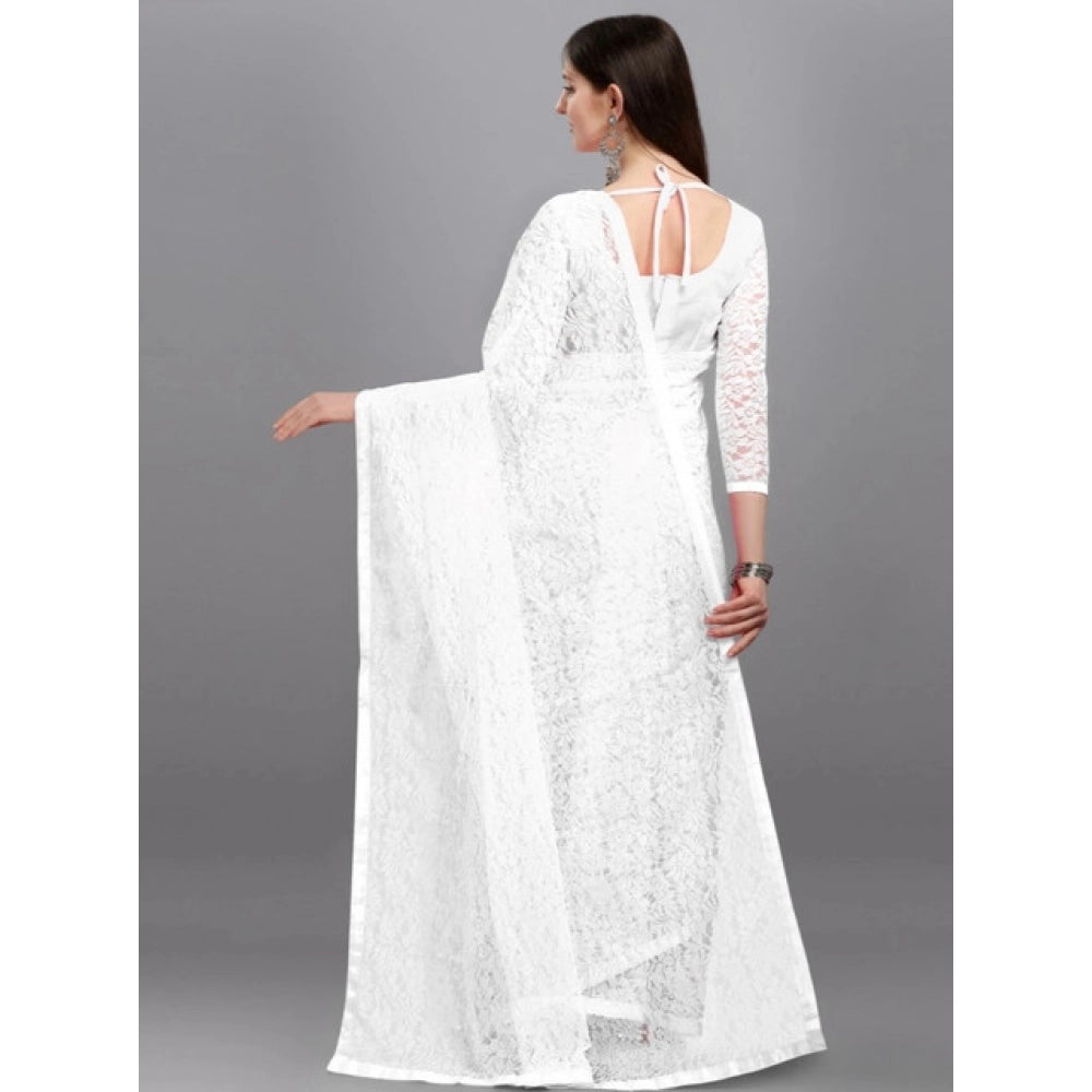 Snuggle Spot Women's Net Self Design Saree With Unstitched Blouse 5.5Mtr (White)