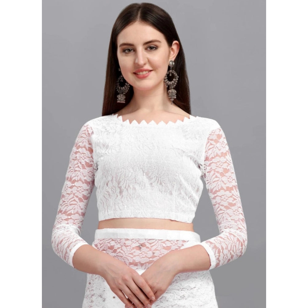 Snuggle Spot Women's Net Self Design Saree With Unstitched Blouse 5.5Mtr (White)