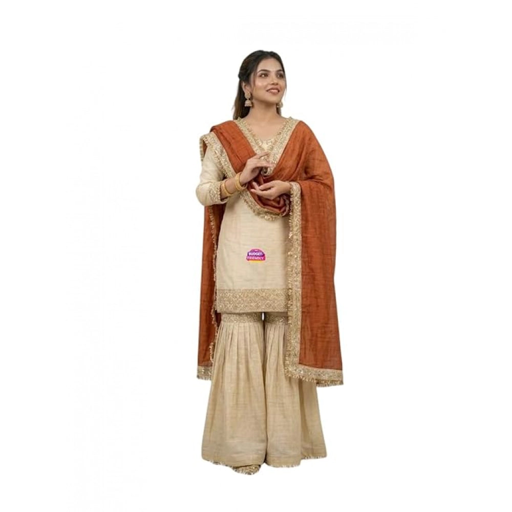 Snuggle Spot Women's Silk Embroidered 3/4th Sleeve V-Neck Kurti With Sharara Pant and Dupatta Set (Cream &amp; Orange)