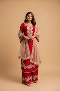 Snuggle Spot Women's Silk Embroidered 3/4th Sleeve Round Readymade Kurti With Palazzo Pant and Dupatta Set (Red)