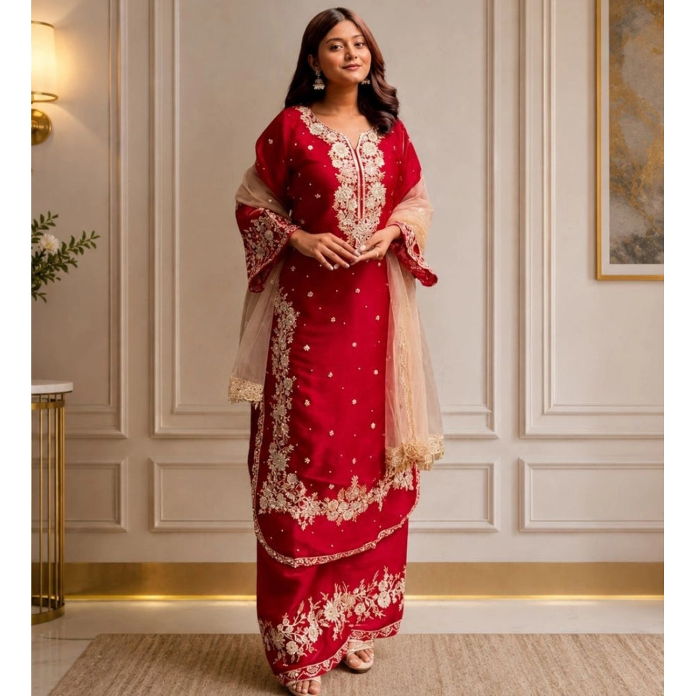 Snuggle Spot Women's Silk Embroidered 3/4th Sleeve Round Readymade Kurti With Palazzo Pant and Dupatta Set (Red)
