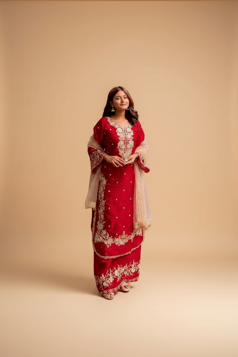Snuggle Spot Women's Silk Embroidered 3/4th Sleeve Round Readymade Kurti With Palazzo Pant and Dupatta Set (Red)
