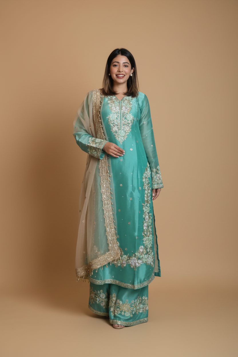 Snuggle Spot Women's Silk Embroidered 3/4th Sleeve Round Readymade Kurti With Palazzo Pant and Dupatta Set (Sea Green)