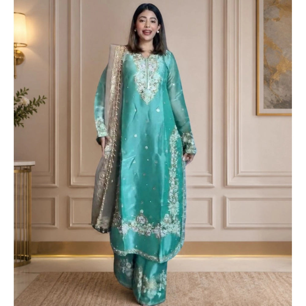 Snuggle Spot Women's Silk Embroidered 3/4th Sleeve Round Readymade Kurti With Palazzo Pant and Dupatta Set (Sea Green)