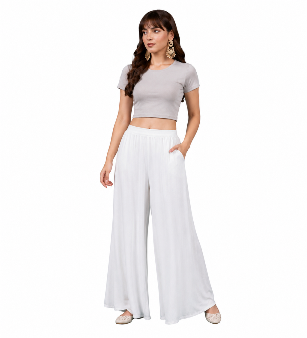 Generic Women's Georgette Solid Mid-Rise Wide Leg Flared Palazzo with Elastic Waist (White)