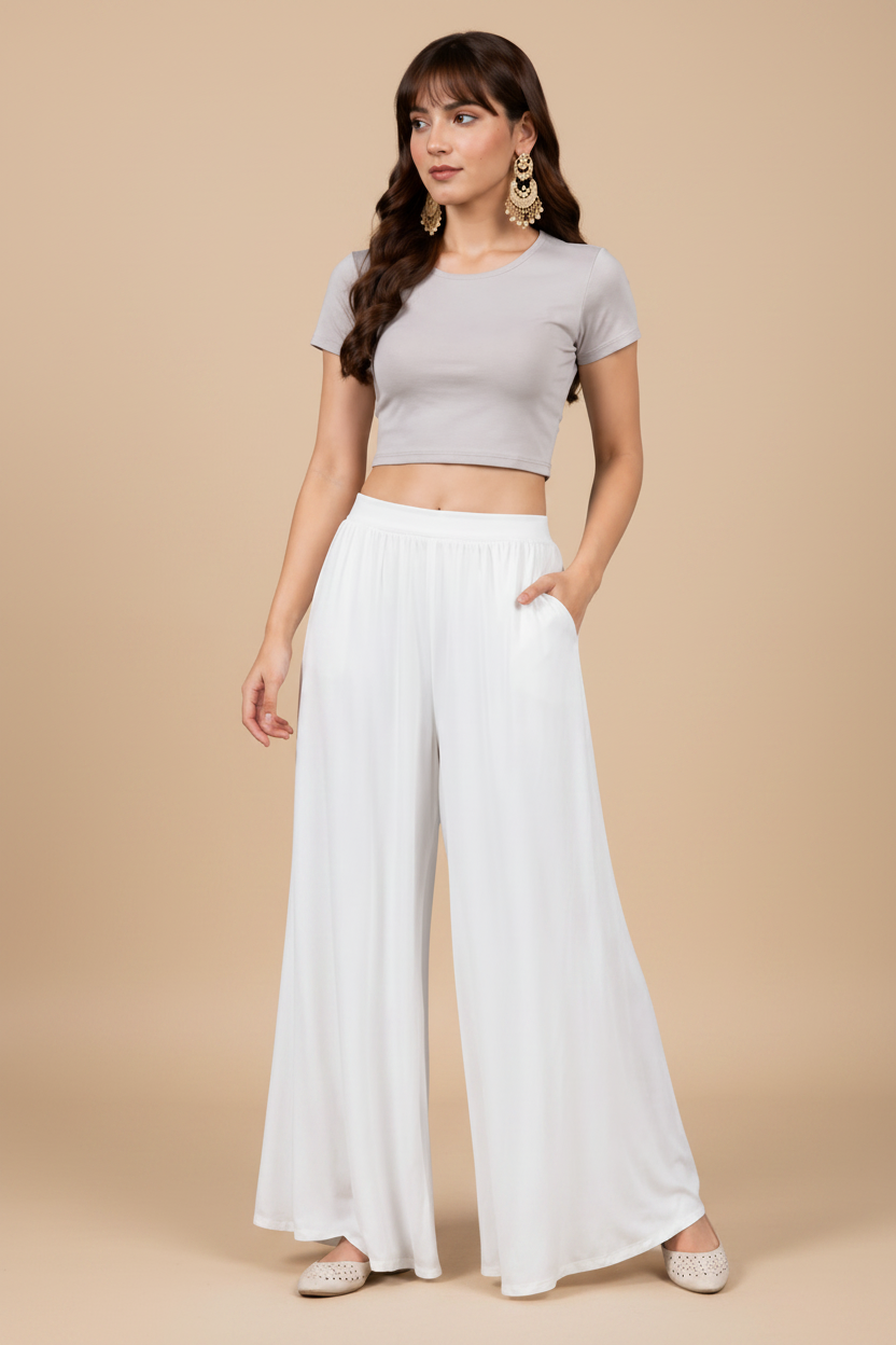 Generic Women's Georgette Solid Mid-Rise Wide Leg Flared Palazzo with Elastic Waist (White)