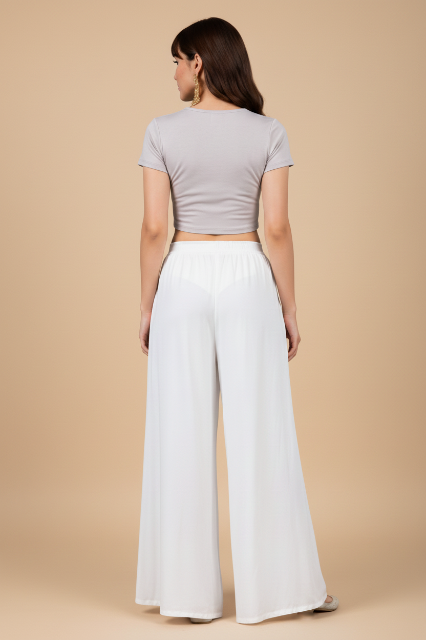 Generic Women's Georgette Solid Mid-Rise Wide Leg Flared Palazzo with Elastic Waist (White)