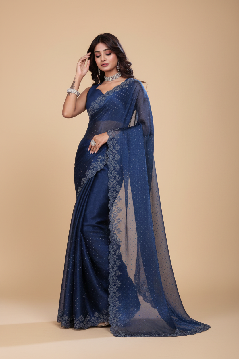 Snuggle Spot Women's Jimmy choo Embellished Bollywood Saree With Unstitched Blouse 5.5Mtr (Blue)