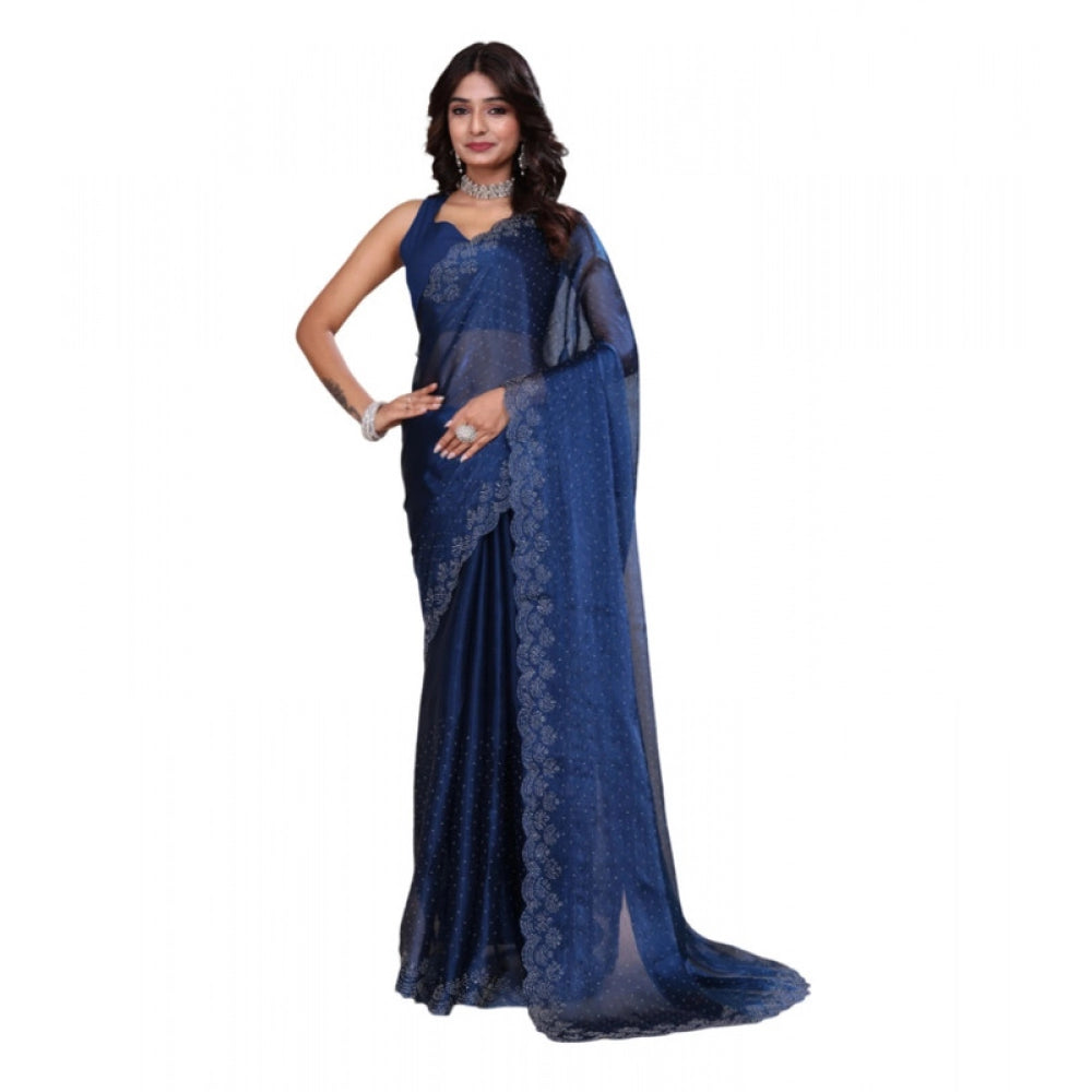 Snuggle Spot Women's Jimmy choo Embellished Bollywood Saree With Unstitched Blouse 5.5Mtr (Blue)