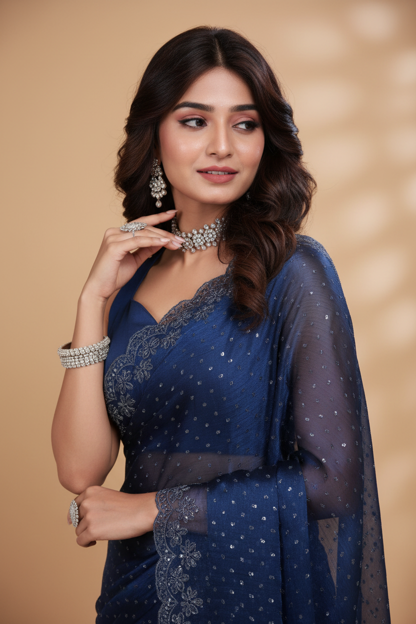 Snuggle Spot Women's Jimmy choo Embellished Bollywood Saree With Unstitched Blouse 5.5Mtr (Blue)