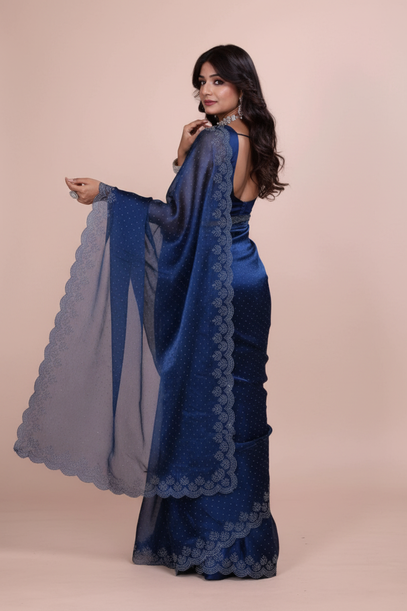 Snuggle Spot Women's Jimmy choo Embellished Bollywood Saree With Unstitched Blouse 5.5Mtr (Blue)