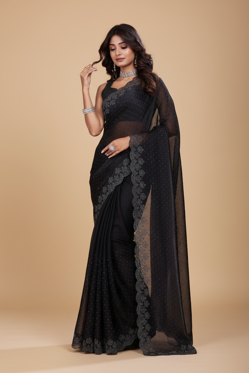 Snuggle Spot Women's Jimmy choo Embellished Bollywood Saree With Unstitched Blouse 5.5Mtr (Black)