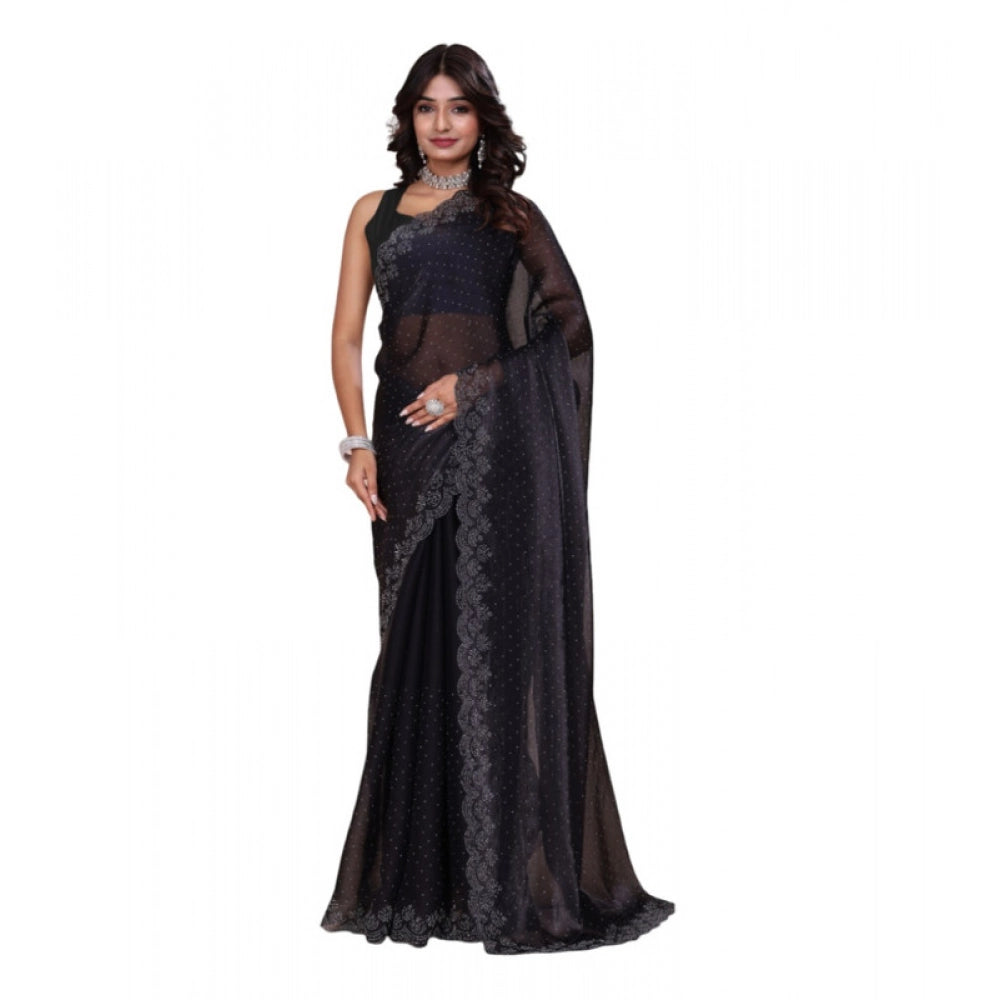 Snuggle Spot Women's Jimmy choo Embellished Bollywood Saree With Unstitched Blouse 5.5Mtr (Black)