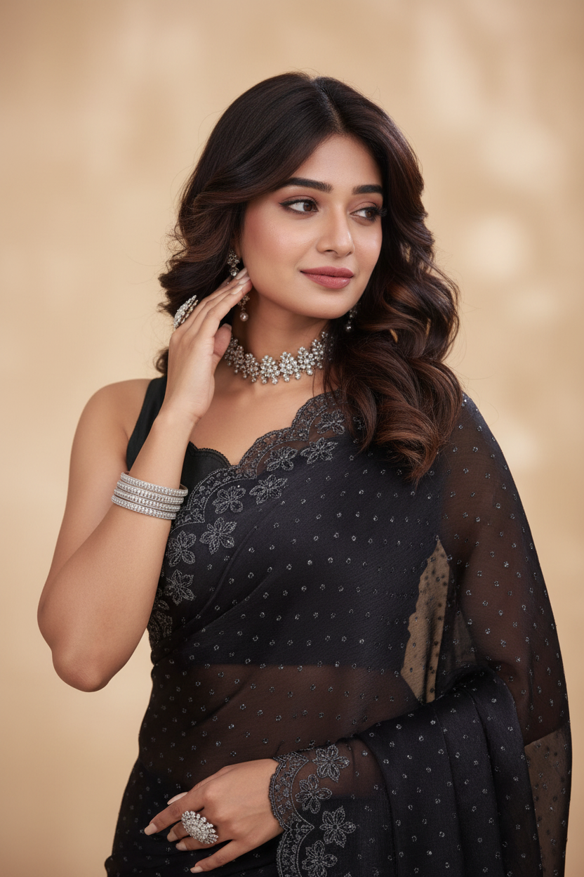 Snuggle Spot Women's Jimmy choo Embellished Bollywood Saree With Unstitched Blouse 5.5Mtr (Black)