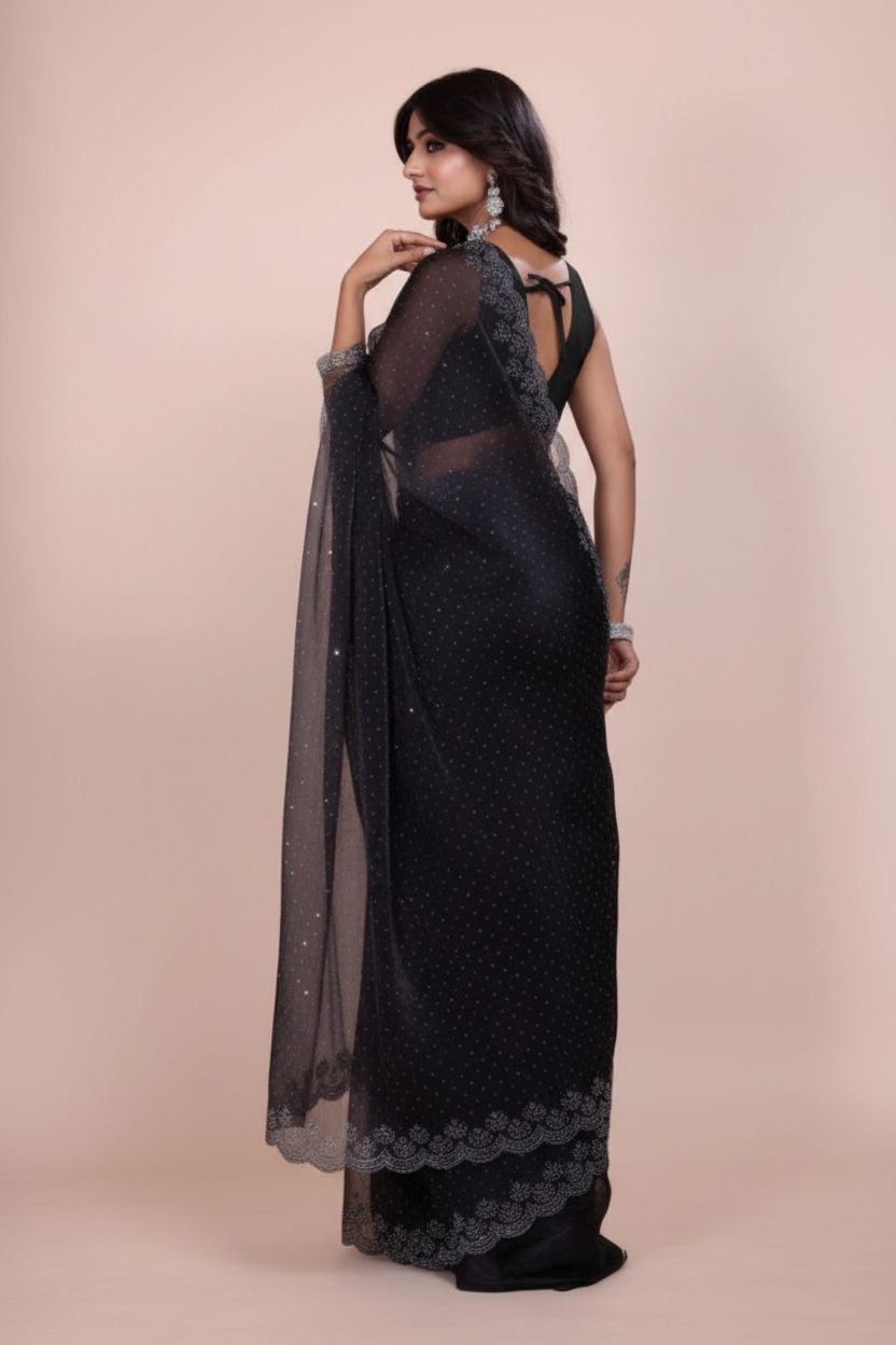 Snuggle Spot Women's Jimmy choo Embellished Bollywood Saree With Unstitched Blouse 5.5Mtr (Black)