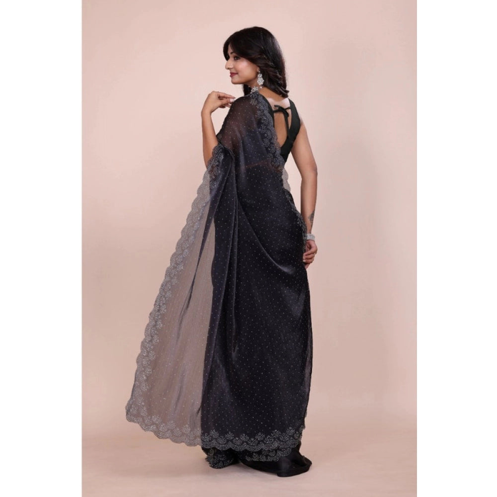 Snuggle Spot Women's Jimmy choo Embellished Bollywood Saree With Unstitched Blouse 5.5Mtr (Black)
