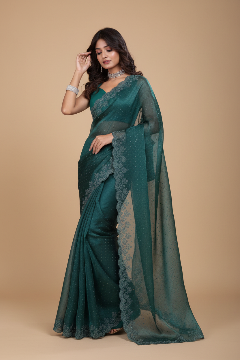 Snuggle Spot Women's Jimmy choo Embellished Bollywood Saree With Unstitched Blouse 5.5Mtr (Green)