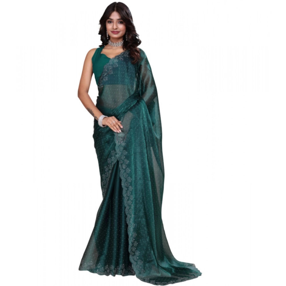 Snuggle Spot Women's Jimmy choo Embellished Bollywood Saree With Unstitched Blouse 5.5Mtr (Green)