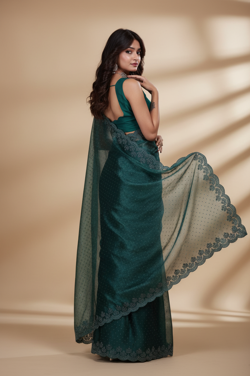 Snuggle Spot Women's Jimmy choo Embellished Bollywood Saree With Unstitched Blouse 5.5Mtr (Green)
