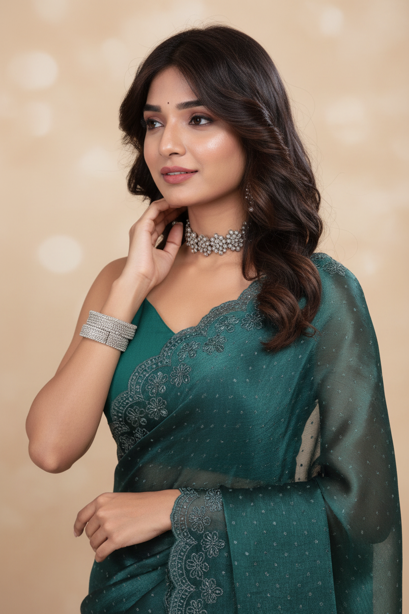 Snuggle Spot Women's Jimmy choo Embellished Bollywood Saree With Unstitched Blouse 5.5Mtr (Green)