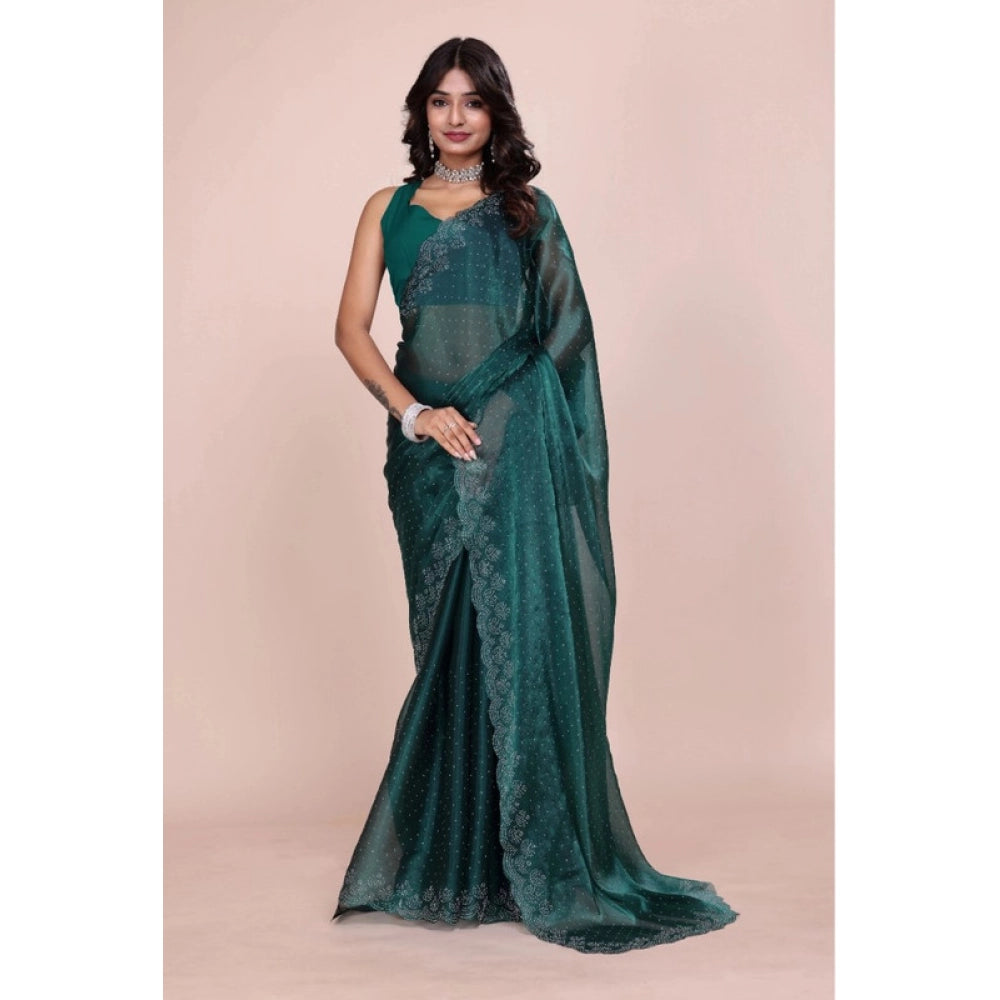 Snuggle Spot Women's Jimmy choo Embellished Bollywood Saree With Unstitched Blouse 5.5Mtr (Green)