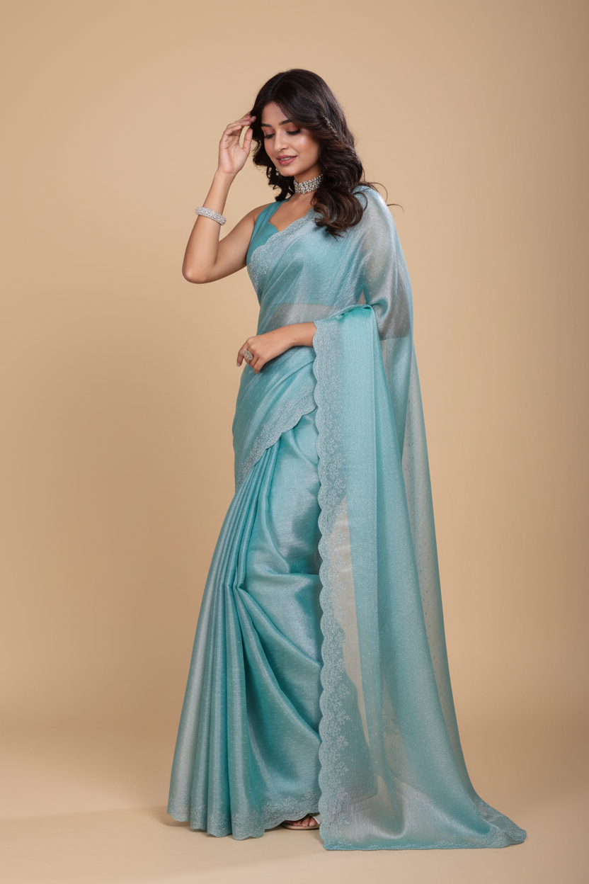 Snuggle Spot Women's Jimmy choo Embellished Bollywood Saree With Unstitched Blouse 5.5Mtr (Light Blue)