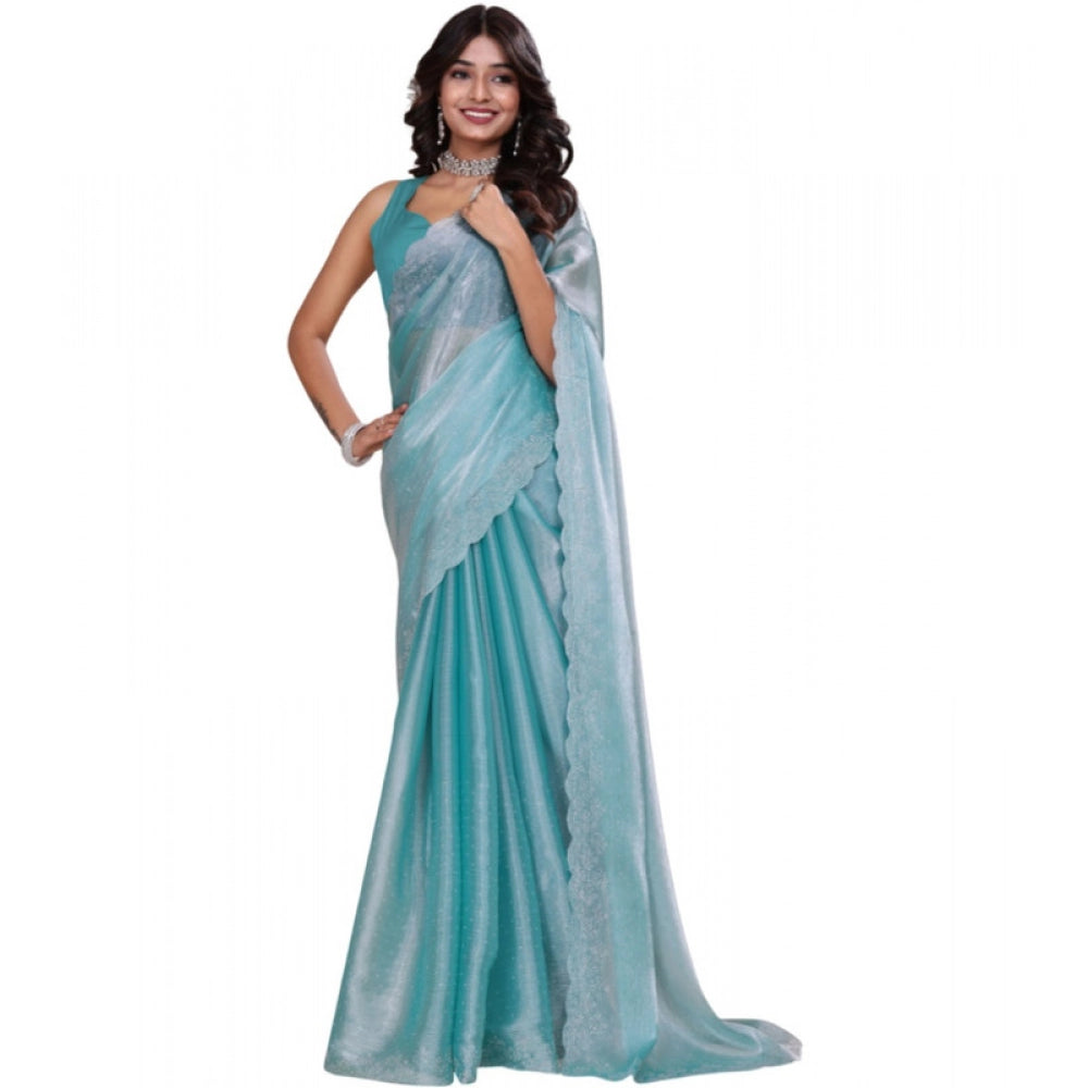 Snuggle Spot Women's Jimmy choo Embellished Bollywood Saree With Unstitched Blouse 5.5Mtr (Light Blue)