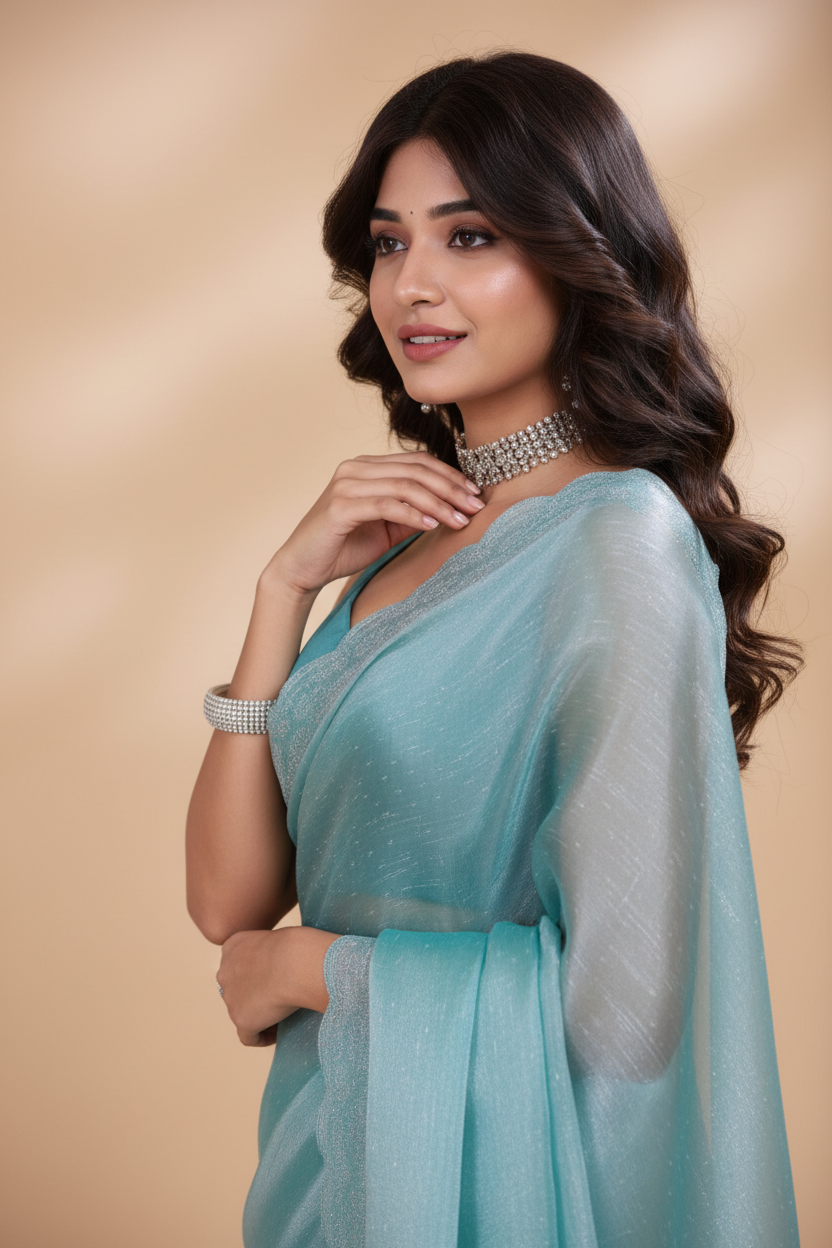Snuggle Spot Women's Jimmy choo Embellished Bollywood Saree With Unstitched Blouse 5.5Mtr (Light Blue)
