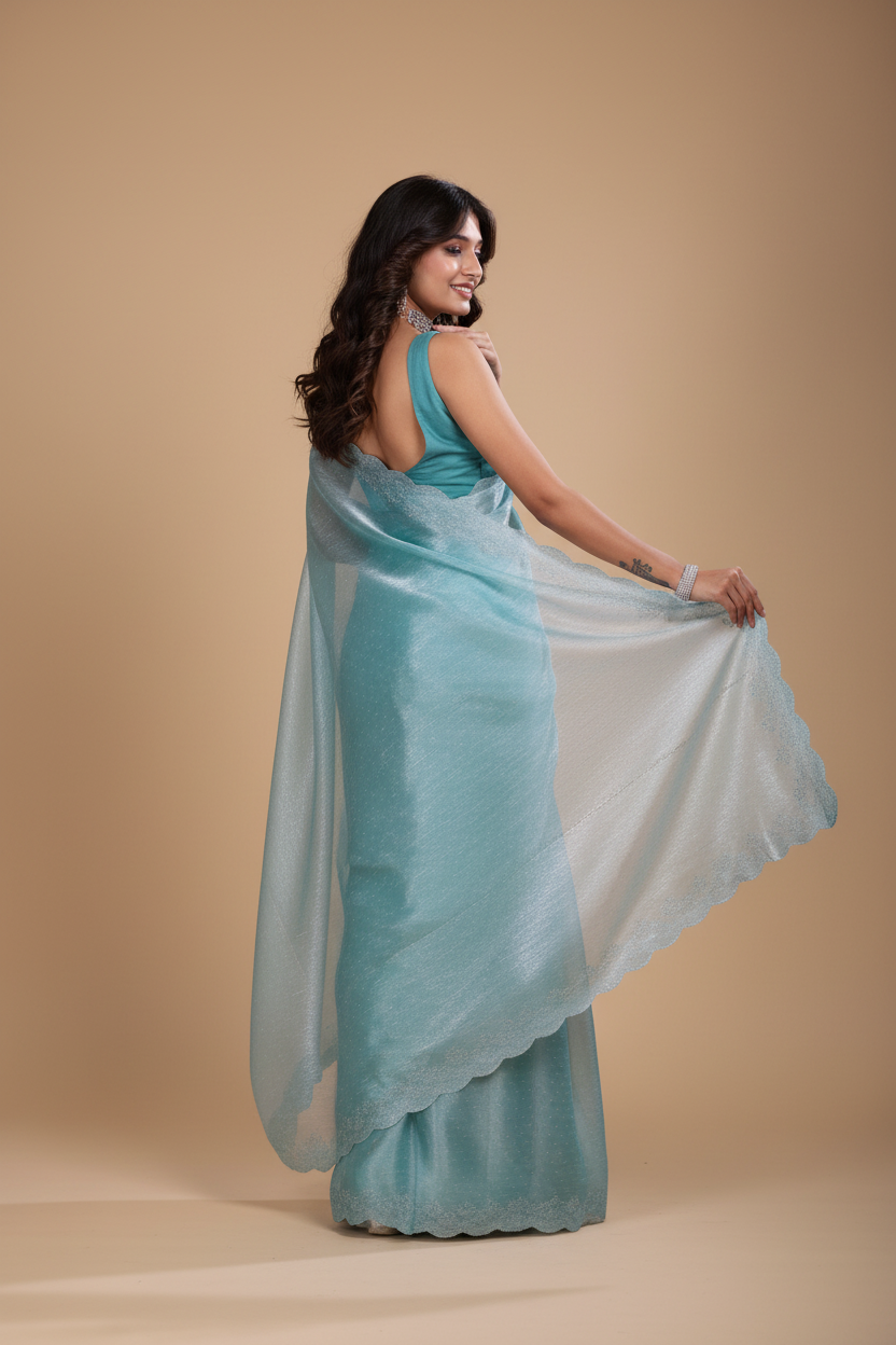 Snuggle Spot Women's Jimmy choo Embellished Bollywood Saree With Unstitched Blouse 5.5Mtr (Light Blue)