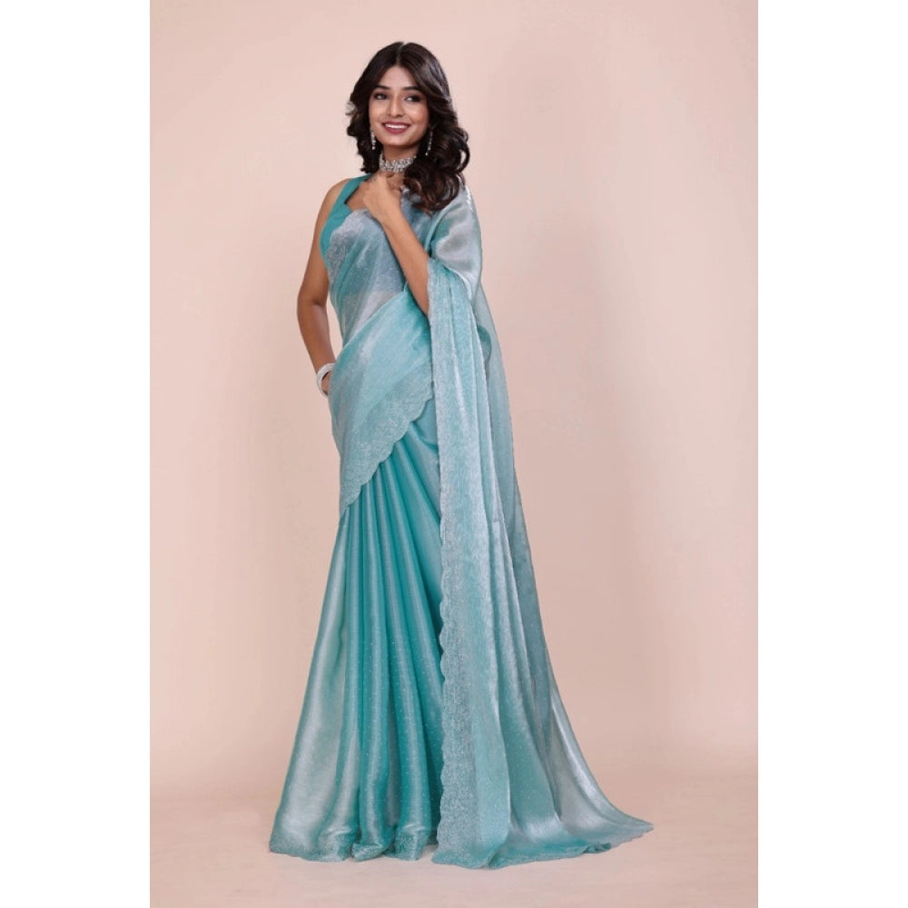 Snuggle Spot Women's Jimmy choo Embellished Bollywood Saree With Unstitched Blouse 5.5Mtr (Light Blue)