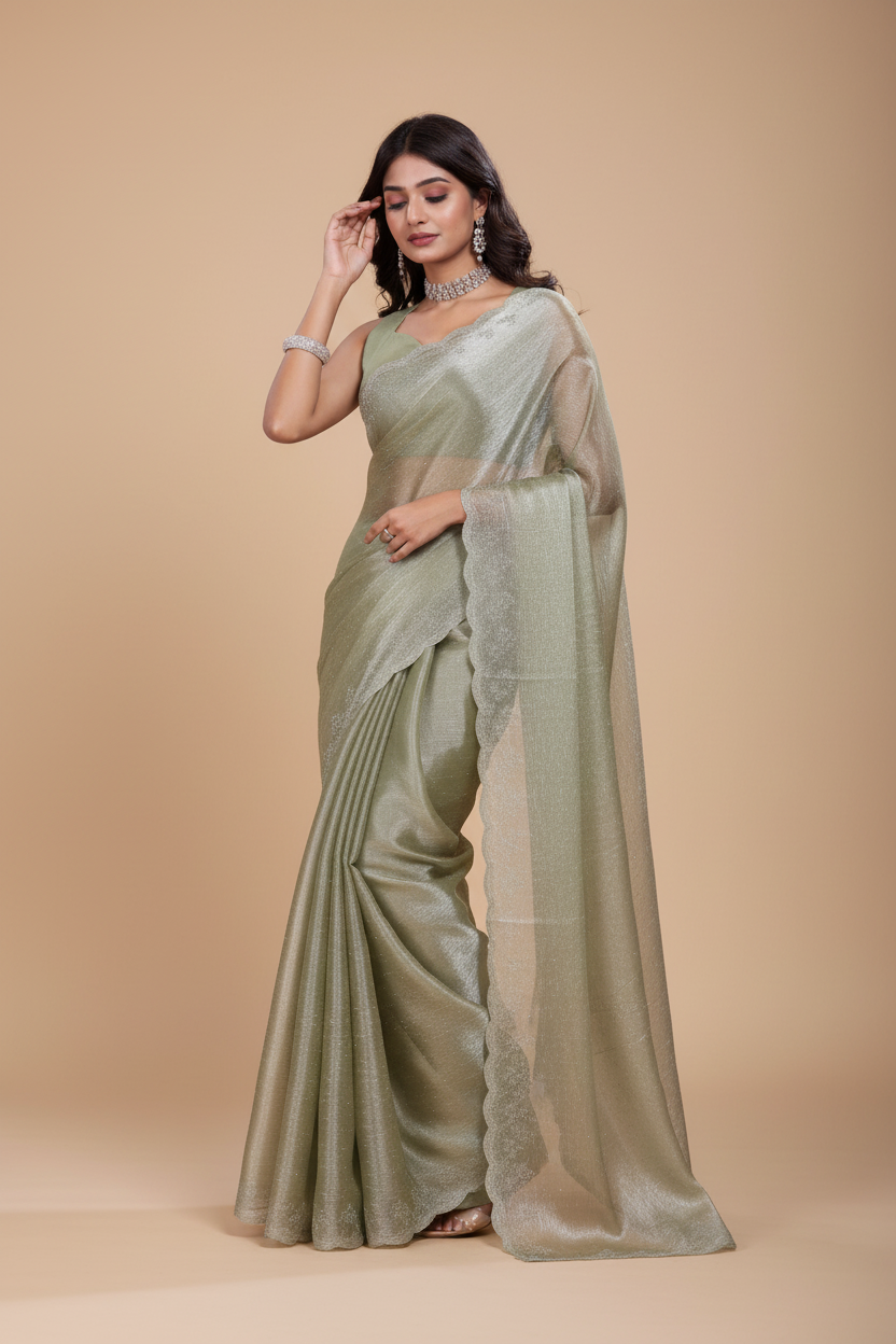 Snuggle Spot Women's Jimmy choo Embellished Bollywood Saree With Unstitched Blouse 5.5Mtr (Light Green)