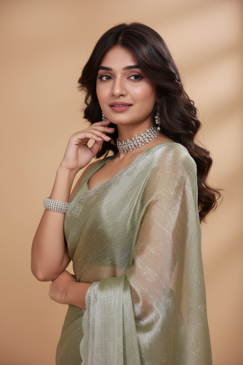 Snuggle Spot Women's Jimmy choo Embellished Bollywood Saree With Unstitched Blouse 5.5Mtr (Light Green)