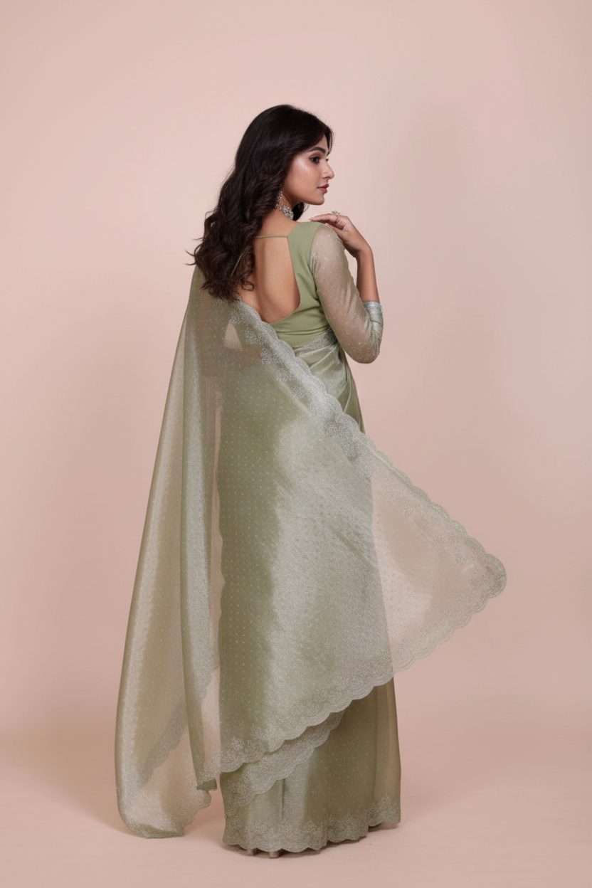 Snuggle Spot Women's Jimmy choo Embellished Bollywood Saree With Unstitched Blouse 5.5Mtr (Light Green)