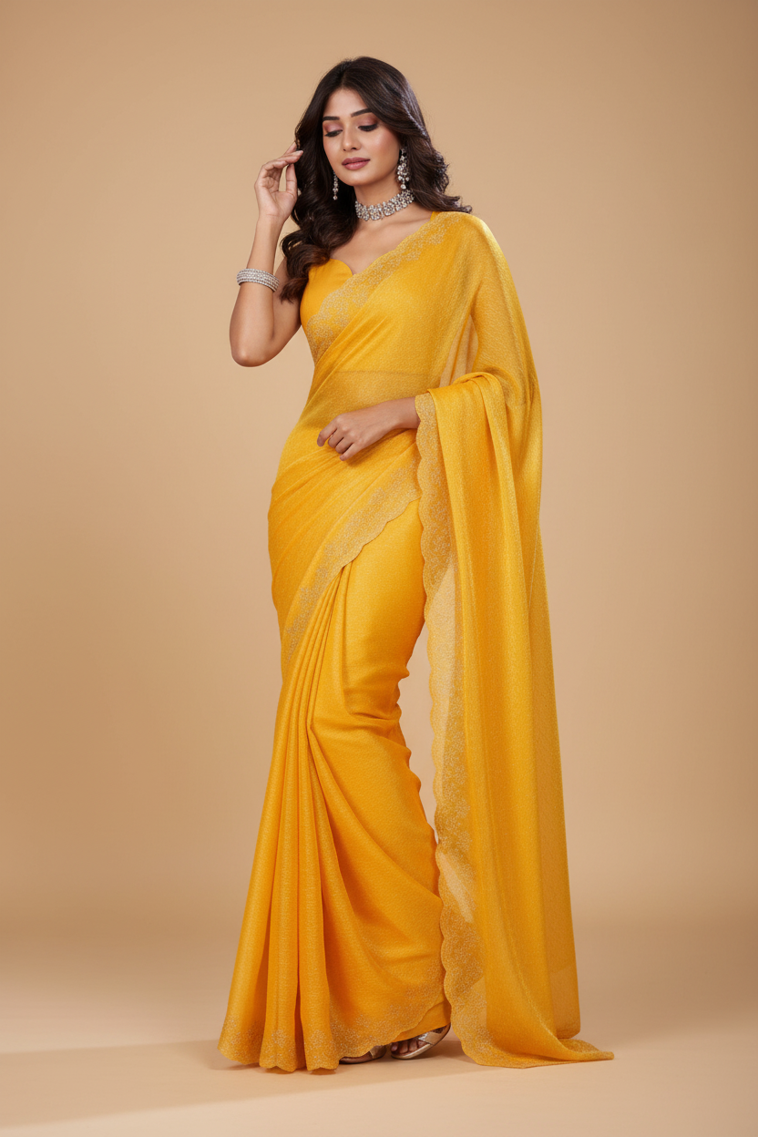 Snuggle Spot Women's Jimmy choo Embellished Bollywood Saree With Unstitched Blouse 5.5Mtr (Mustard)