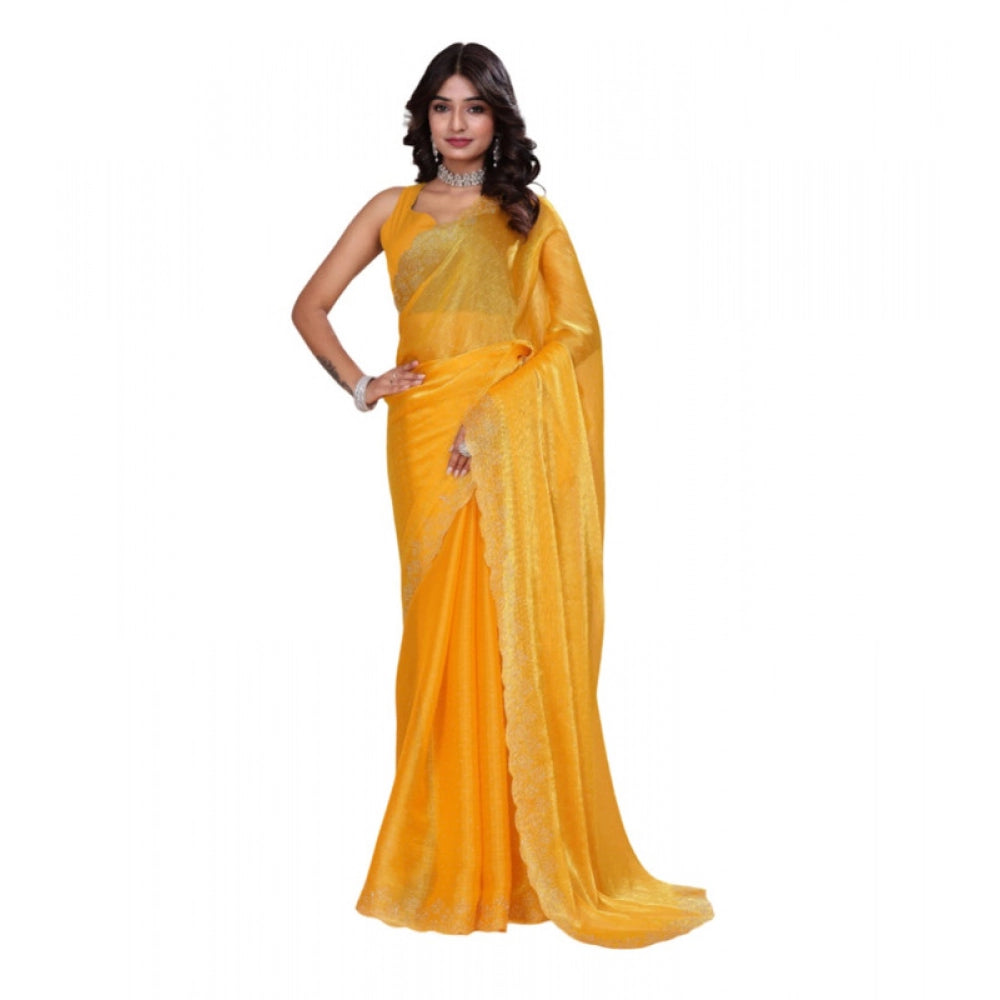 Snuggle Spot Women's Jimmy choo Embellished Bollywood Saree With Unstitched Blouse 5.5Mtr (Mustard)