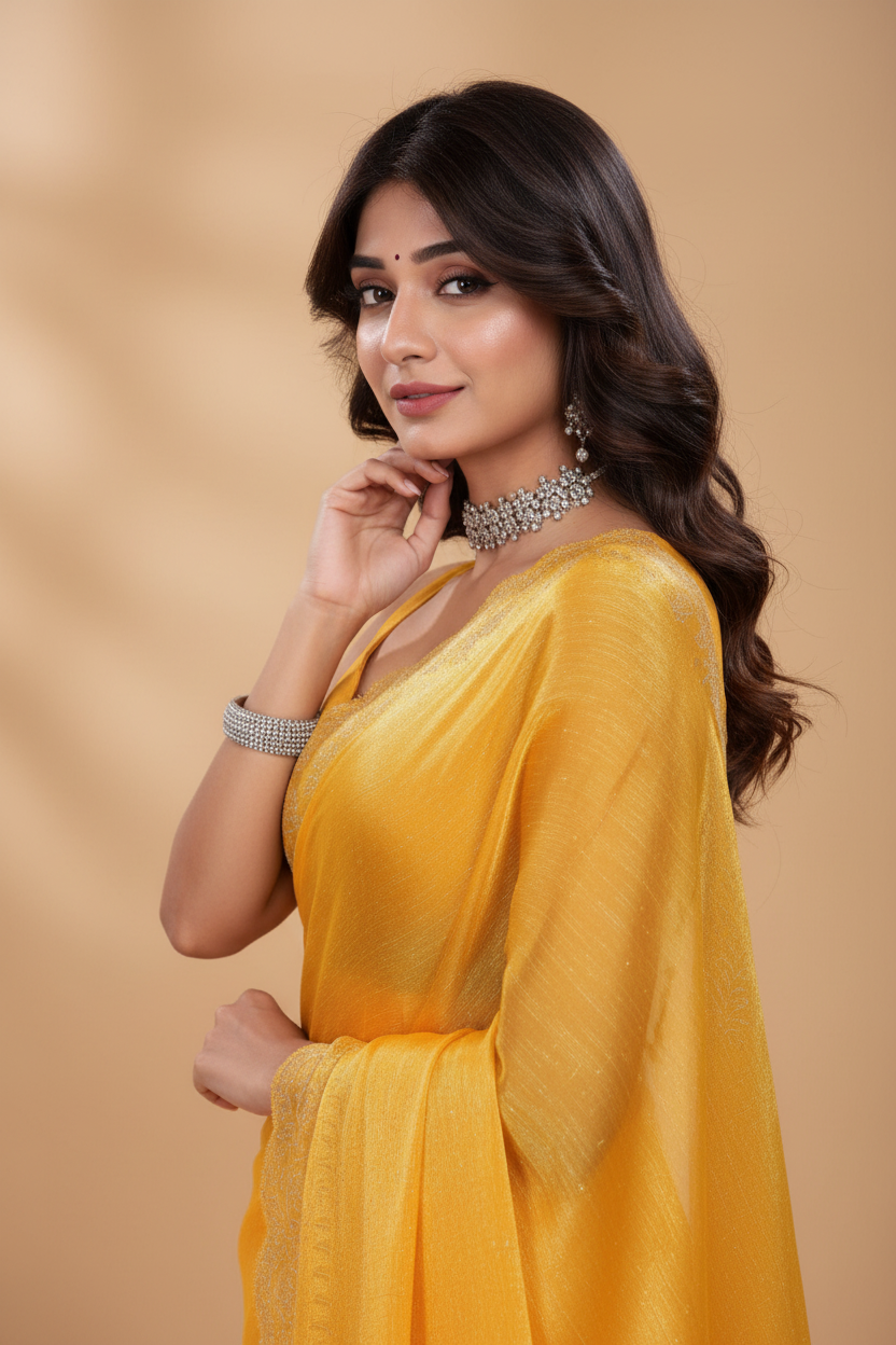Snuggle Spot Women's Jimmy choo Embellished Bollywood Saree With Unstitched Blouse 5.5Mtr (Mustard)