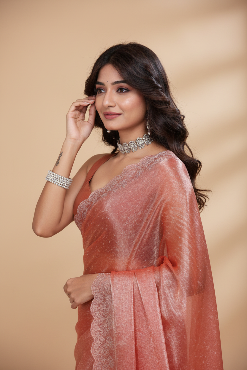 Snuggle Spot Women's Jimmy choo Embellished Bollywood Saree With Unstitched Blouse 5.5Mtr (Orange)