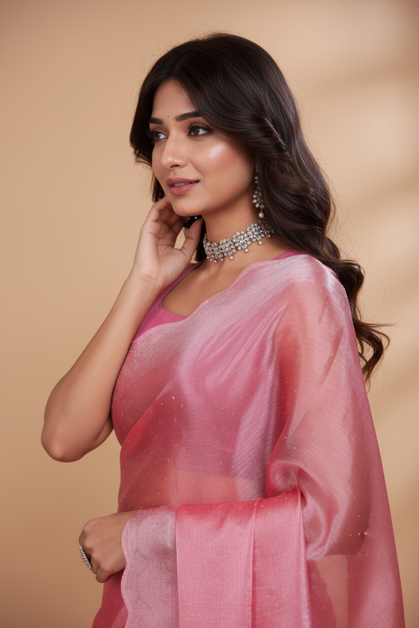 Snuggle Spot Women's Jimmy choo Embellished Bollywood Saree With Unstitched Blouse 5.5Mtr (Pink)