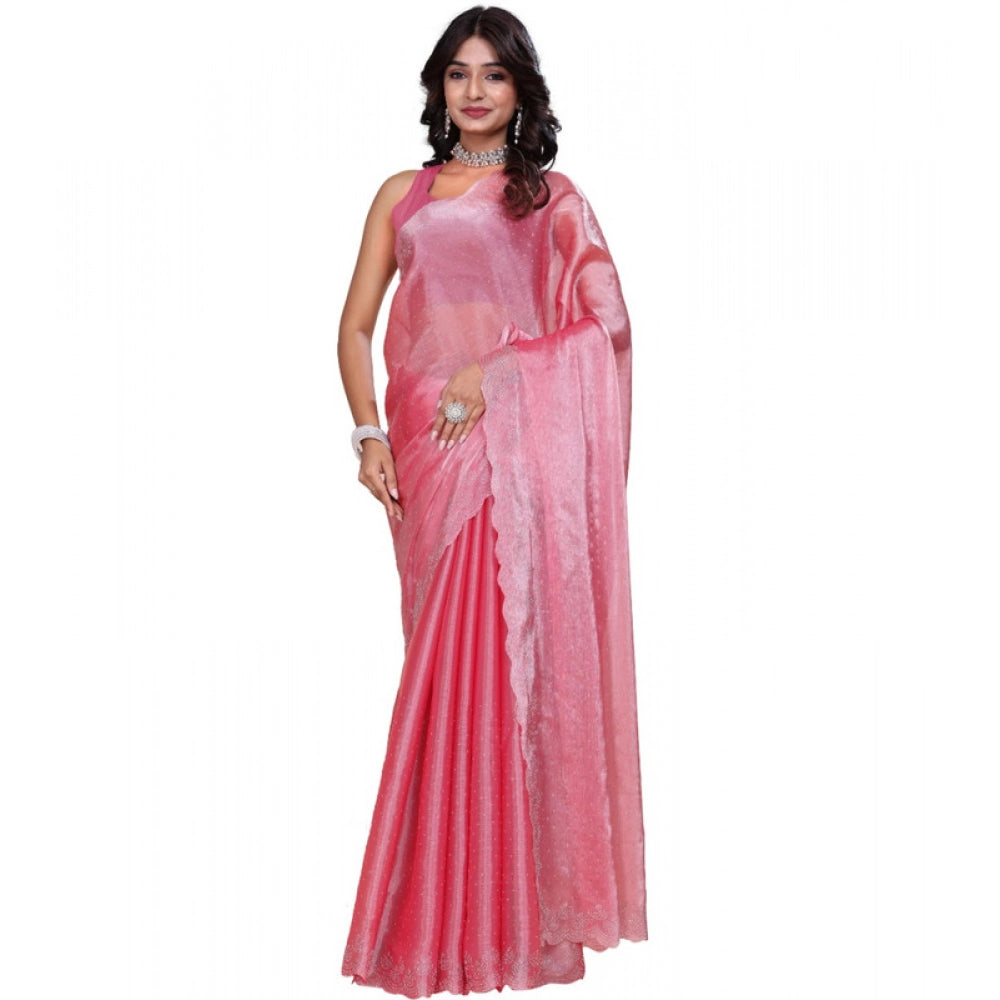 Snuggle Spot Women's Jimmy choo Embellished Bollywood Saree With Unstitched Blouse 5.5Mtr (Pink)