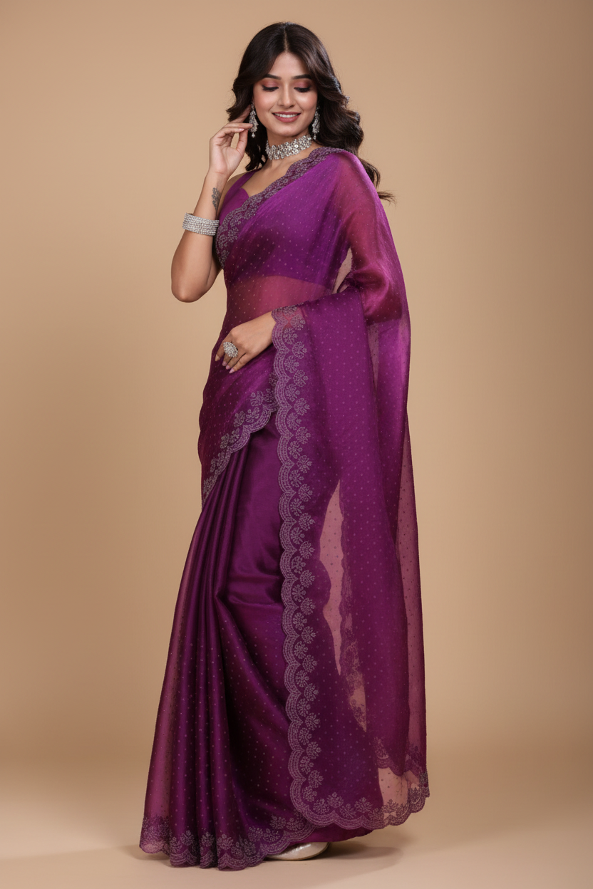 Snuggle Spot Women's Tissue Pure Silk Embellished Bollywood Saree With Unstitched Blouse 5.5Mtr (Purple)