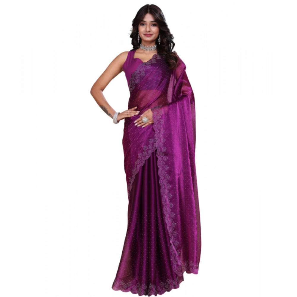 Snuggle Spot Women's Tissue Pure Silk Embellished Bollywood Saree With Unstitched Blouse 5.5Mtr (Purple)